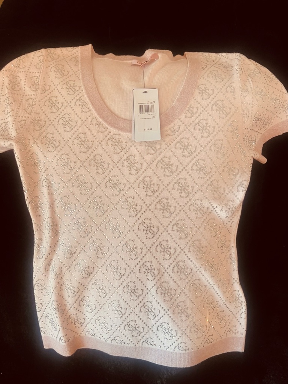 Guess Light Pink Short-Sleeve Knit Top with Metallic Accents